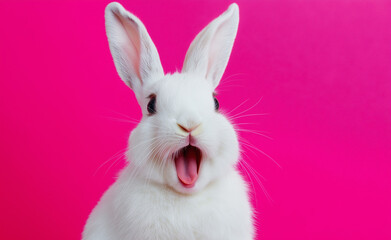 Obraz premium White rabbit with an open mouth, expressing surprise or excitement, set against a bright pink background.