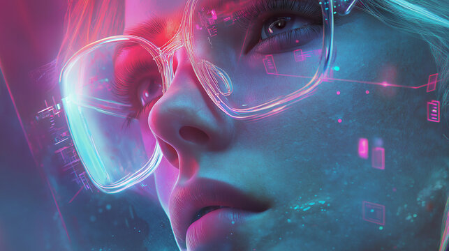 Girl in modern glasses with elements of artificial intelligence. Background in a high-tech style. Shining lines and patterns resembling neural networks, connections, and digital circuits.