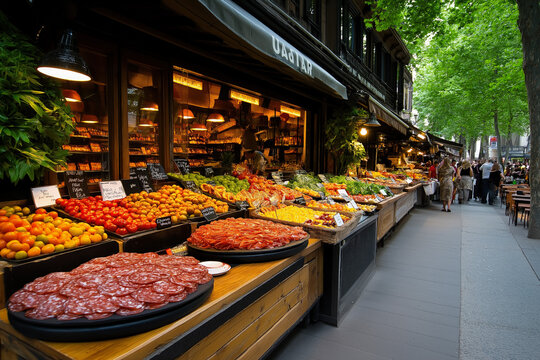 A Bustling Madrid Market Scene With Colorful Stalls Displaying Fresh Produce, Cured Meats, And Cheeses, Capturing The Vibrant Atmosphere And Local Culinary Culture