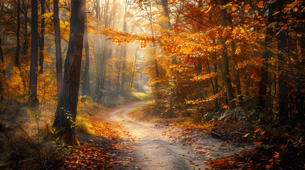 Autumn forest landscape with a footpath, autumn season, colorful scenery with yelllow, orange and red leafs, fall background