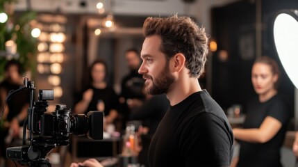 A focused photographer operates a camera in a stylish studio, capturing dynamic moments as a diverse team collaborates on an artistic project, filled with energy and creativity