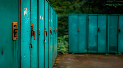 Old painted metal lockers on an outdoor stadium, diffused light of a cloudy day
