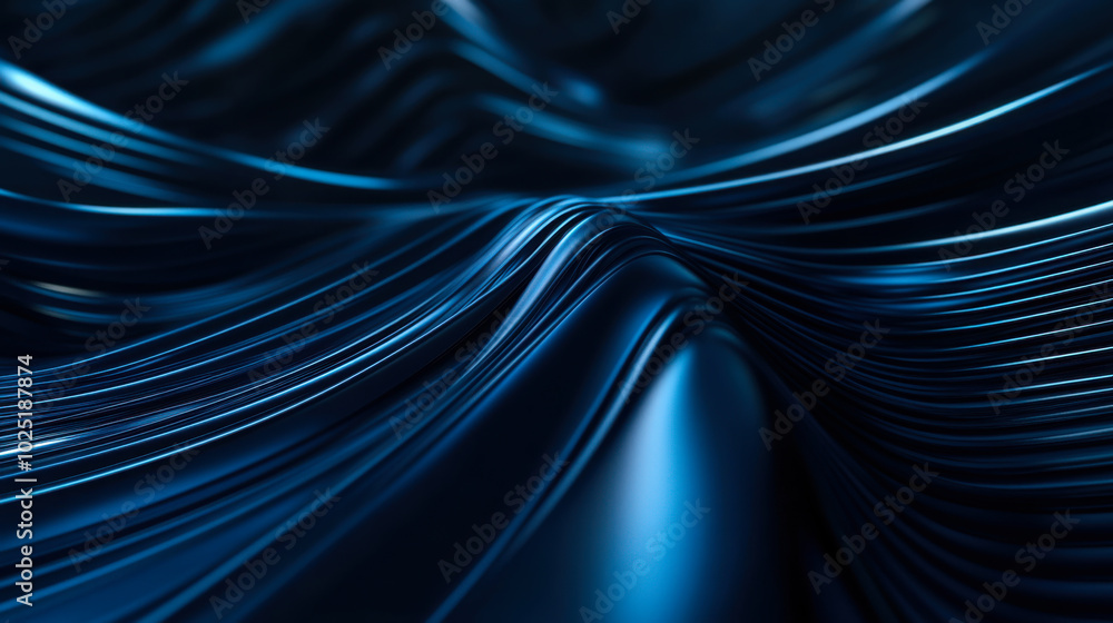 Poster abstract wave patterns in deep blue tones captured in a smooth flowing design, creating a sense of m