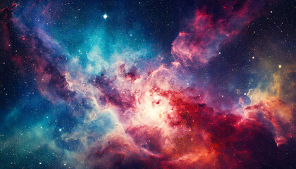 Fototapeta premium Vivid cosmic nebula with colorful gas and stars in a deep space setting, showcasing the beauty of the universe at night