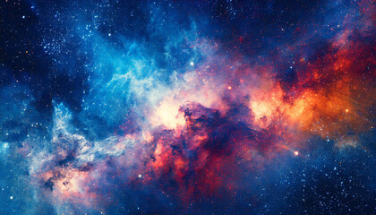 Colorful nebula in deep space showcasing vibrant hues of blue, orange, and red with scattered stars and cosmic clouds