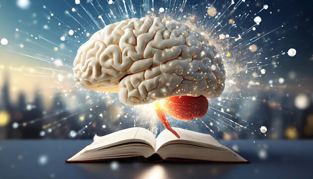 A brain emerging from an open book symbolizes knowledge and creativity in a stunning visual representation
