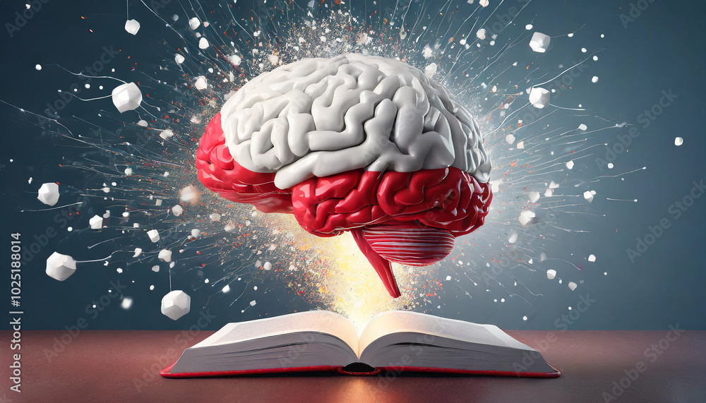 Poster an open book with a vibrant brain illustration bursting with creative ideas in a bright and dynamic 