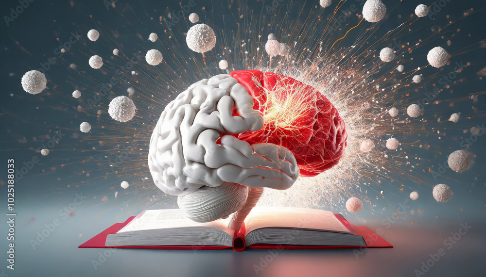 Poster a creative visualization of a brain's activity over an open book, illustrating the connection betwee