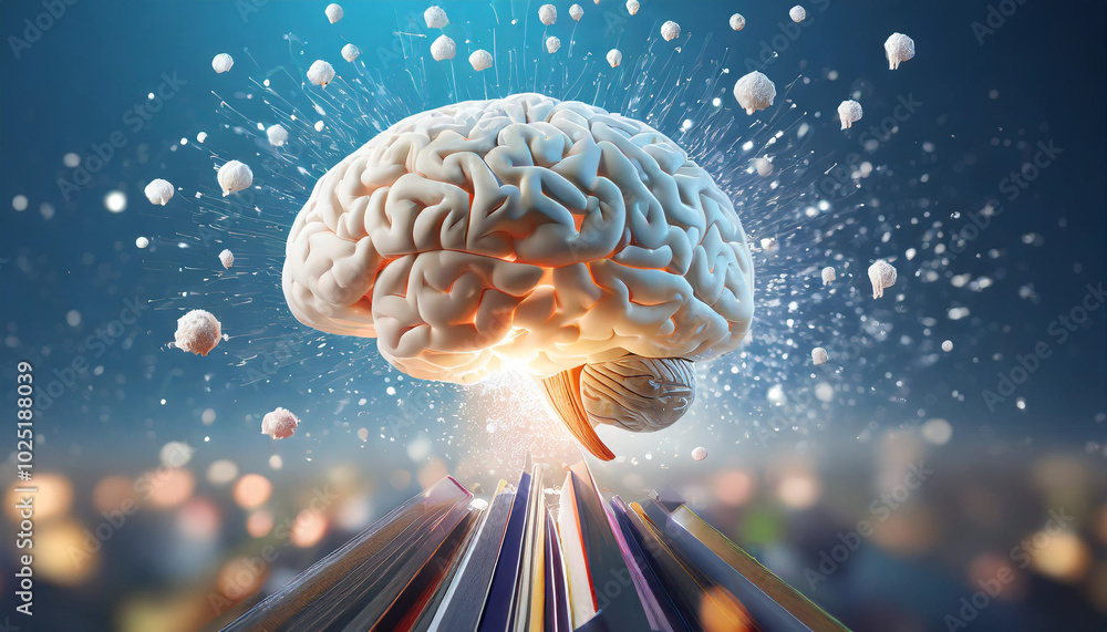 Poster a visually striking representation of the brain with an explosion of knowledge emanating from books,