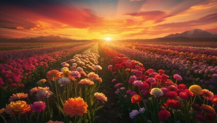 Fototapeta premium A field of colorful flowers bathed in the golden light of a setting sun. AI.
