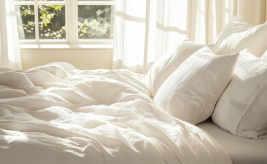 Bright, cozy bedroom with a neatly made bed, white linens, and natural light streaming through a large window.