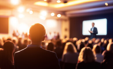 Naklejka premium Man standing in front of a crowded audience, viewed from behind, in a theater or conference setting.