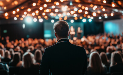 Naklejka premium Man standing in front of a crowded audience, viewed from behind, in a theater or conference setting.