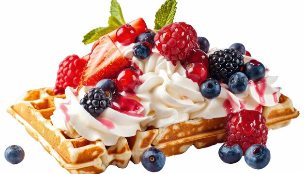 A waffle topped with whipped cream, fruit, and a drizzle of sauce. AI.