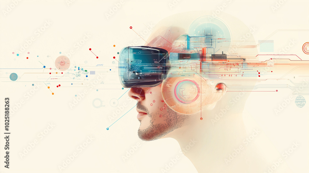 Poster a man in hi-tech vr glasses with elements of artificial intelligence. background in a high-tech styl