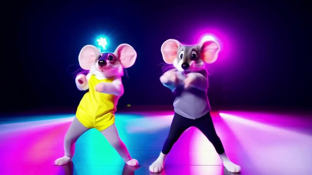 Two cheerful animated mice dancing energetically on a colorful stage with neon lights. Their fun expressions create a joyful atmosphere, perfect for entertainment or children's content.