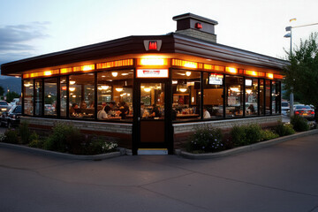 A Twilight Photograph Of A Fast Food Restaurant With Glowing Neon Lights And A Busy Drive-Thru Lane, Capturing The Hustle And Bustle Of Evening Diners