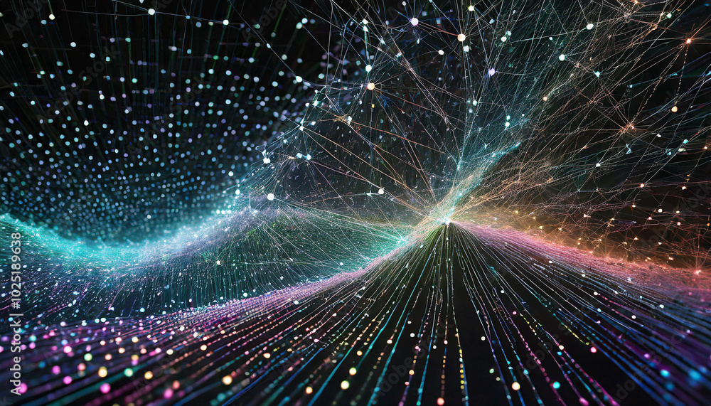 Poster colorful abstract waves of light and particles flowing in a digital space creating a vibrant cosmic 