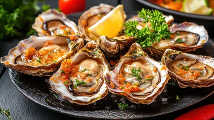 Grilled oysters served on a plate with lemon and garnish.