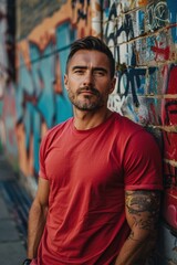 Obraz premium A man in a red t-shirt stands against a graffiti wall. AI.