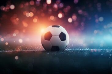 Naklejka premium Soccer Ball on Wet Grass Field at Night