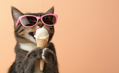 Fototapeta premium A cool cat wearing pink sunglasses and holding an ice cream cone against a bright orange background.