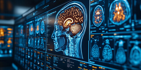 Illustration of understanding stroke and vascular brain issues, brain health. MRI images on the monitor screen