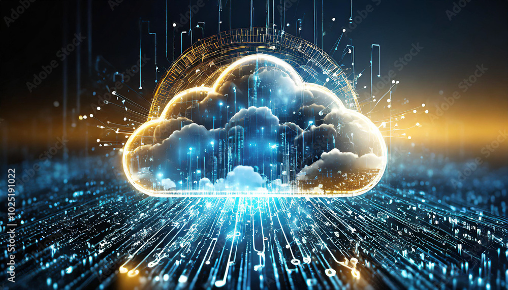 Aufkleber digital cloud technology represented as a glowing cloud surrounded by data streams and light effects