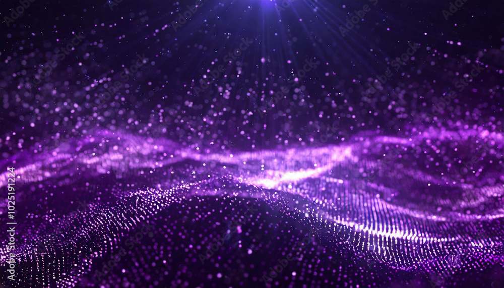 Poster a mesmerizing display of purple light waves cascading in an abstract digital landscape filled with s