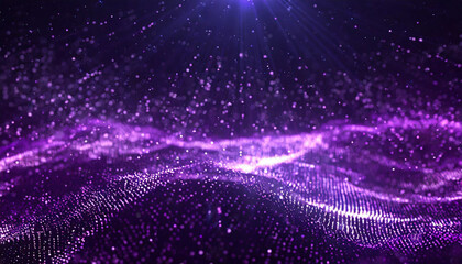 A mesmerizing display of purple light waves cascading in an abstract digital landscape filled with shimmering particles and depth