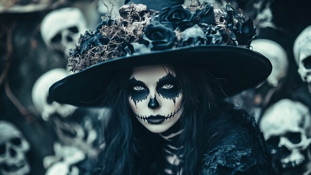Portrait of a cryptic pretty evil witch on coven, surrounded by skeletons. Halloween, spooky season