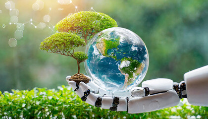 A robotic hand delicately holds a glass globe highlighting Earth alongside a small tree, symbolizing technology and sustainability in nature