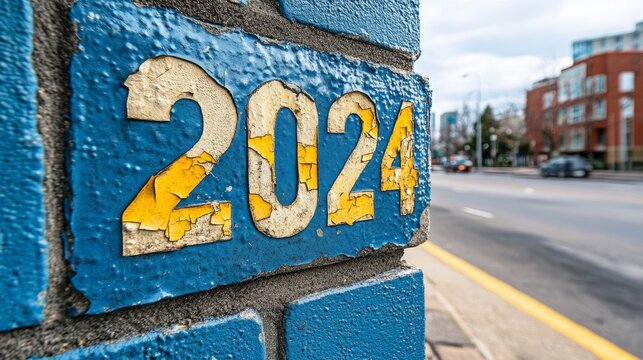 2024 Fading on a Brick Wall, Scratched and Peeling Paint Reflecting the Worn Passage of Time as the Year Nears Its Final Chapter