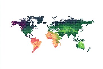 Fototapeta premium Abstract pixelated world map in green and orange tones