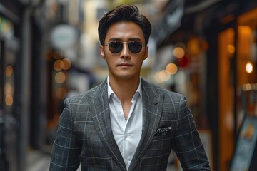 Fototapeta premium Korean man in stylish sunglasses, walking confidently in a city street, wearing a modern checkered suit. Perfect for fashion, business, and urban lifestyle themes with copyspace for text.