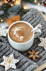 Fototapeta premium Cozy Hot Chocolate With Gingerbread Cookie and Candlelight on a Winter Evening