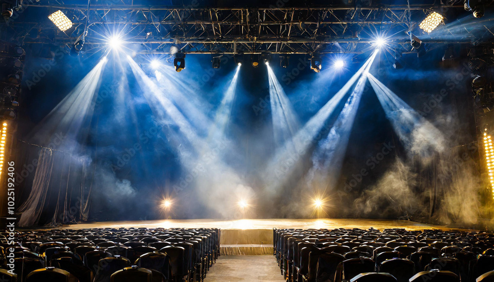 Poster a spacious theater stage illuminated by bright stage lights with an empty audience setting in prepar