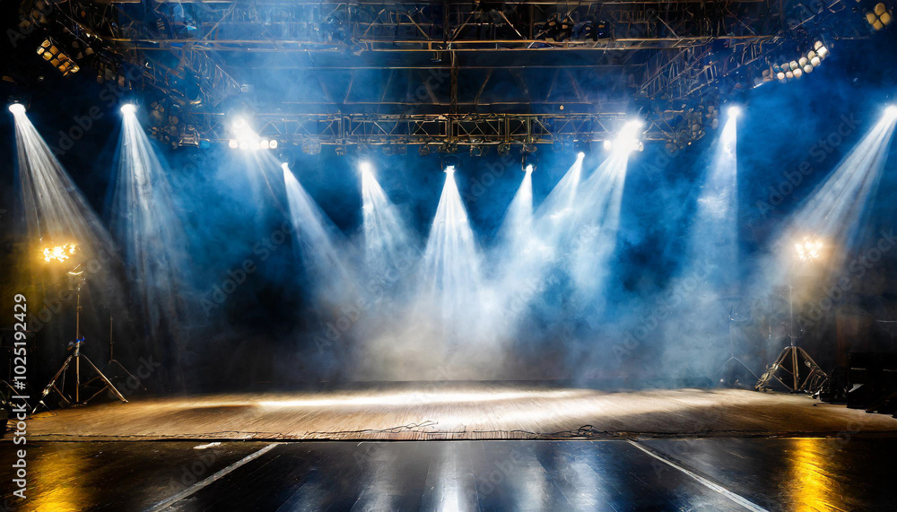 Poster bright stage lights illuminate a performance area in a theater with fog and an energetic atmosphere 