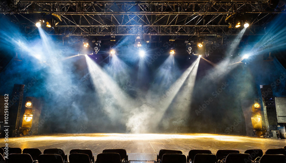 Poster bright stage lights shining down on an empty theater in preparation for a performance at dusk