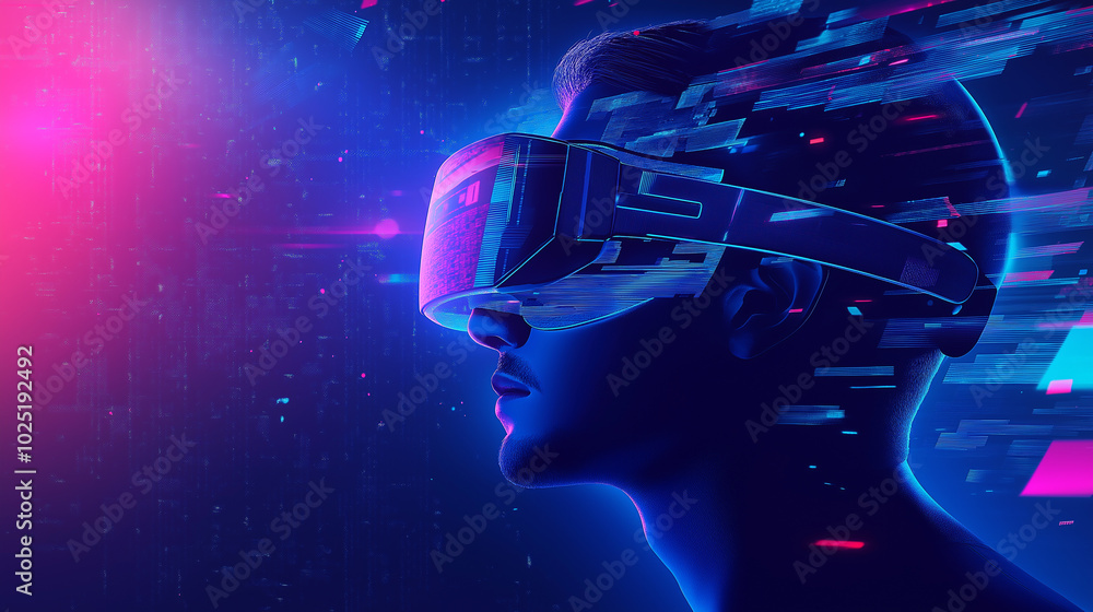 Poster a man in hi-tech vr glasses with elements of artificial intelligence. background in a high-tech styl