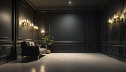 Elegant interior with a dark wall, stylish sofa, and decorative lighting in a modern space
