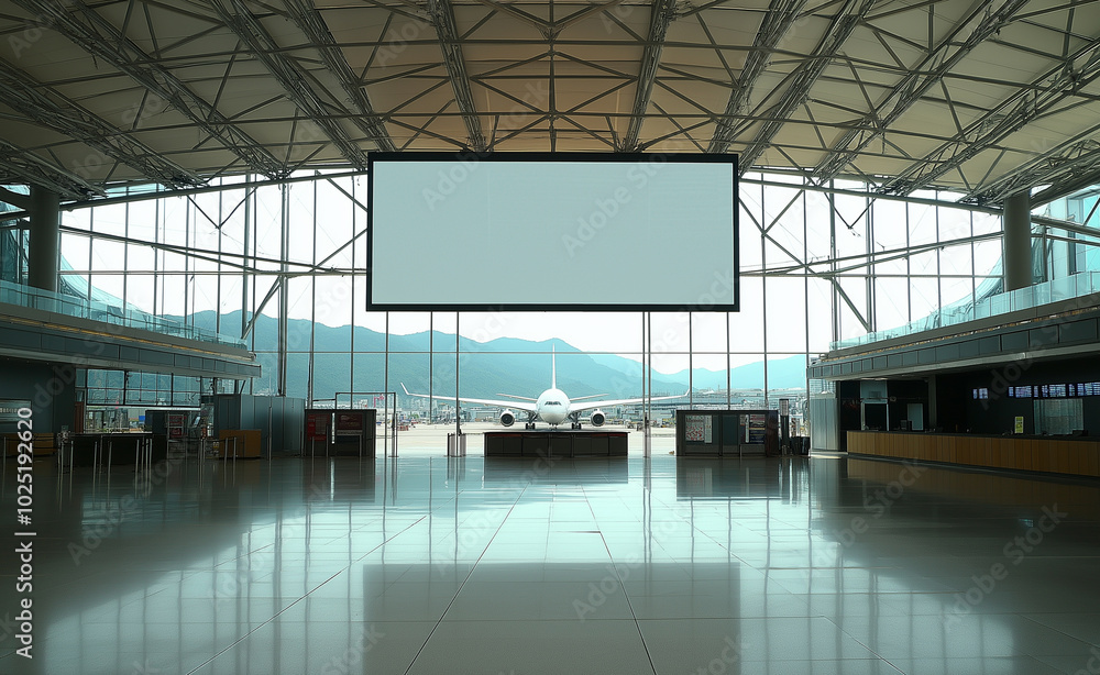 Poster a large blank billboard screen inside a modern airport terminal, ready for advertisement with a view