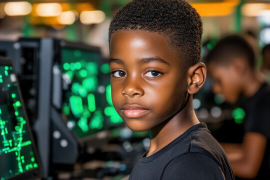 Group Of African American Students Collaborating On A Robotics Project In A Classroom Filled With Technology, Showcasing Teamwork And Innovation