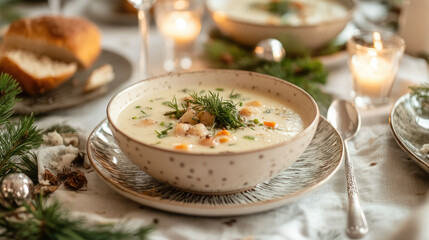 traditional finnish lohikeitto soup on table decorated in scandinavian style, national dish of fish and cream, lunch, dinner, food, restaurant, cafe, salmon chowder, vegetables