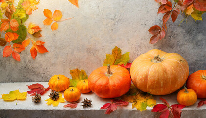 Autumn display with pumpkins, colorful leaves, and pine cones arranged on a surface in a cozy setting during fall