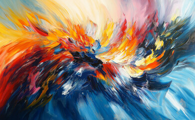 Vibrant abstract painting featuring dynamic splashes of blue, red, yellow, and black.