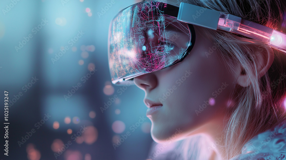 Poster girl in hi-tech vr glasses with elements of artificial intelligence. background in a high-tech style