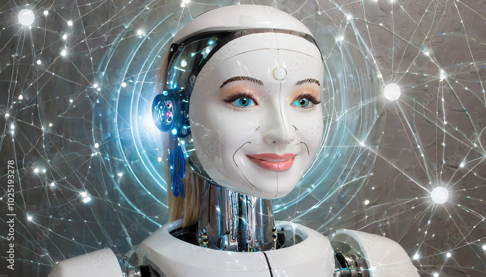 Poster a lifelike robot displays a gentle smile against a backdrop of glowing connections and digital patte
