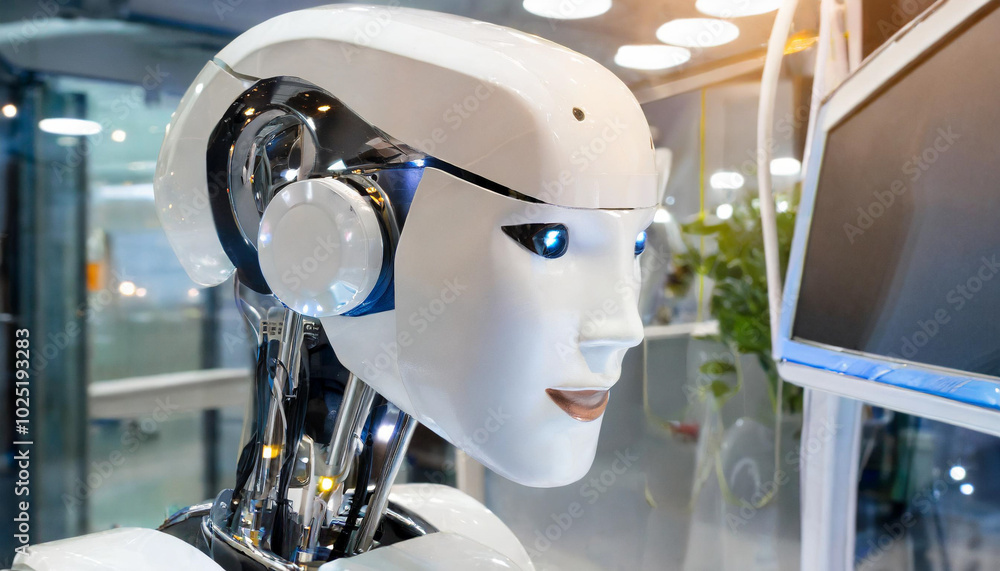 Poster a humanoid robot with a sleek design interacting with technology in a modern office environment duri