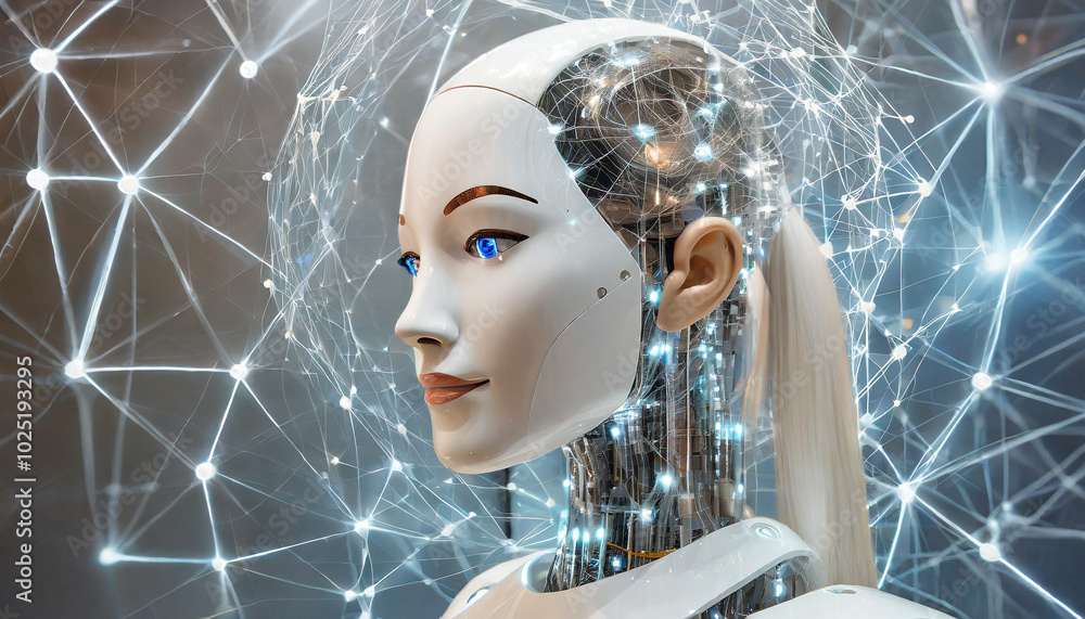 Poster advanced humanoid robot with intricate neural network connections displayed at technology exhibition